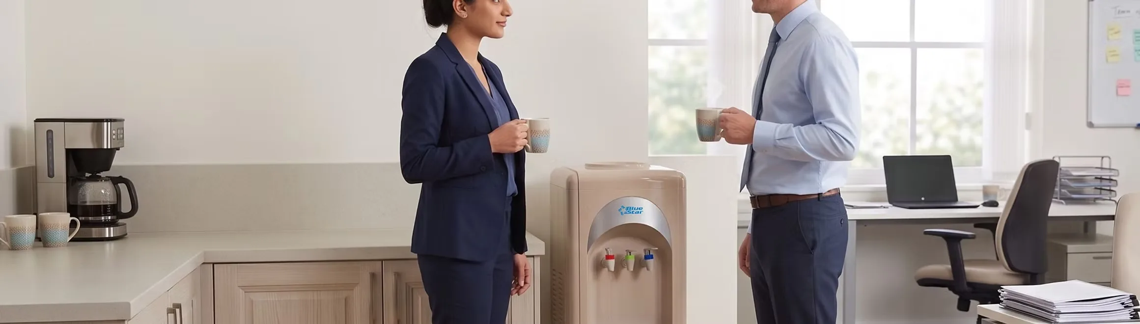 Dos personas conversando con una taza en la mano junto a un dispenser de pie Blue Star Water en una oficina